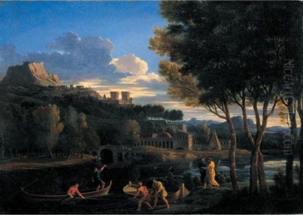 A Classical Landscape With Figures Beside A River And A Fortified Town Beyond Oil Painting by Etienne Allegrain