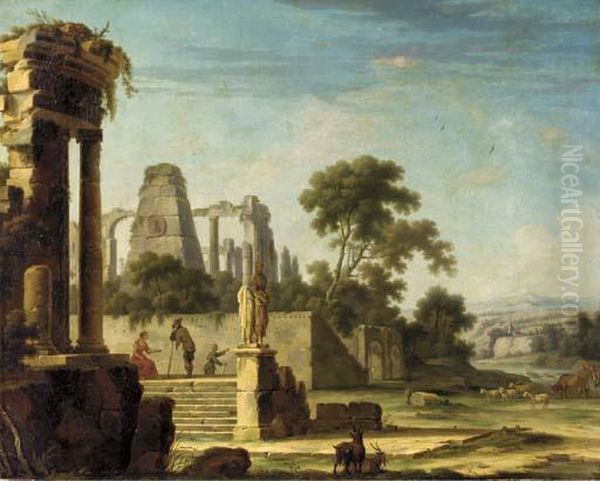 An Italianate Landscape With Architectural Ruins And Figures Oil Painting by Etienne Allegrain