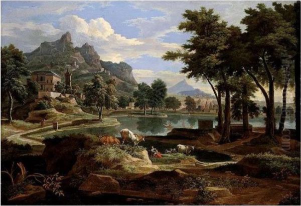 A Classical Landscape With Figures And Cattle Resting By A Lake, Rocky Terrain Beyond Oil Painting by Etienne Allegrain