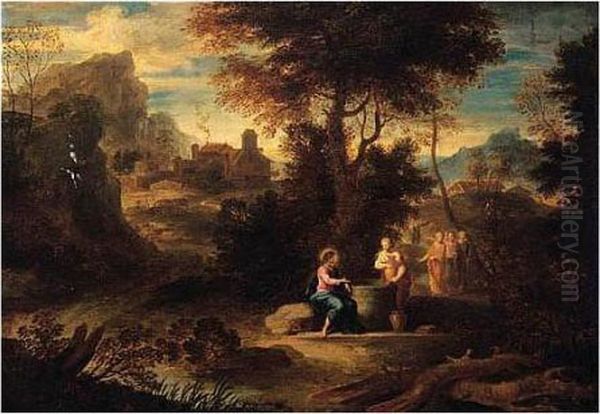 A Landscape With Christ And The Woman Of Samaria Oil Painting by Etienne Allegrain