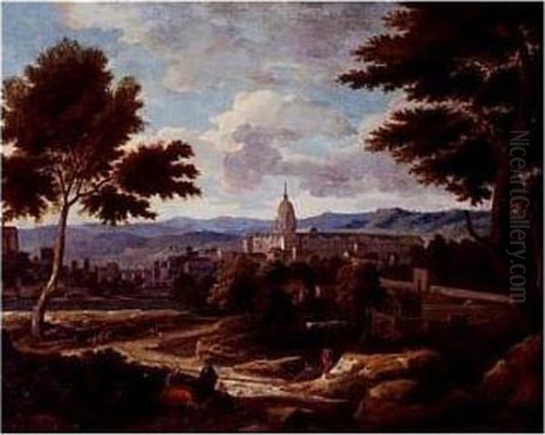 Southern Landscape With Figures And A Monastery In The Distance Oil Painting by Etienne Allegrain