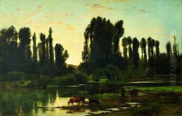 Troupeau Au Bord De La Riviere Ou Le Soir Dans Les Iles Oil Painting by Auguste Allonge