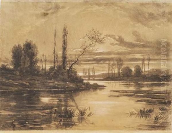 Couche De Soleil Sur La Riviere Oil Painting by Auguste Allonge