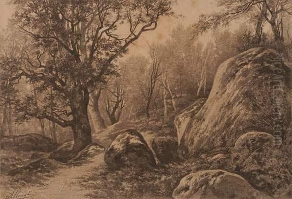 Rocher Dans La Foret De Fontainebleau Oil Painting by Auguste Allonge