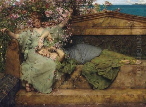 In A Rose Garden Oil Painting by Sir Lawrence Alma-Tadema