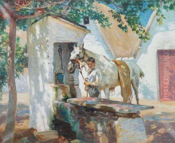 Boy And His Horse At Valencia, 1922 Oil Painting by Mathias Joseph Alten