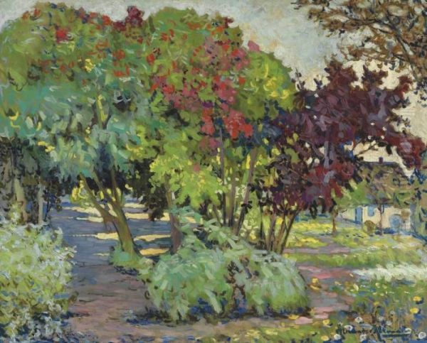 A Flowering Garden With Trees In The Summer Oil Painting by Alexander Altmann