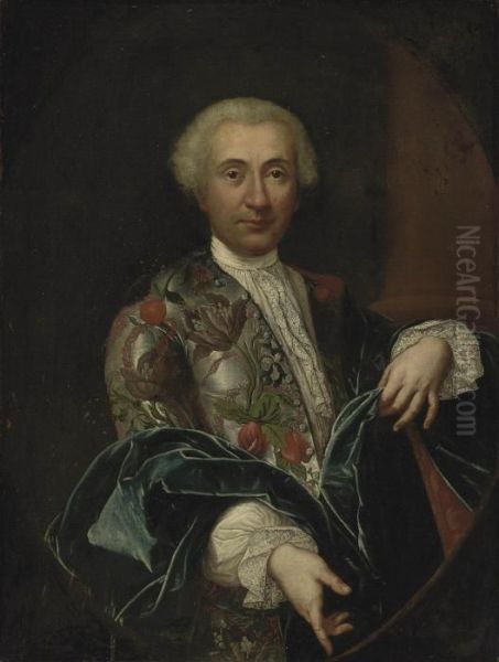 Portrait Of A Gentleman, 
Half-length, In A Grey Silk Jacket, Richly Embroidered With Flowers, 
Lace Collar And Cuffs, And A Blue Wrap, Feigned Oval Oil Painting by Carlo Amalfi