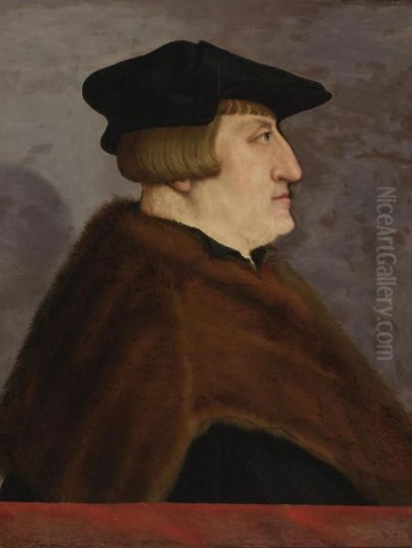 Profile Portrait Of A Gentleman,
 Half Length, Wearing A Black Hat And Jacket With A Fur Coat, Before A 
Parapet Oil Painting by Christoph Ambeger