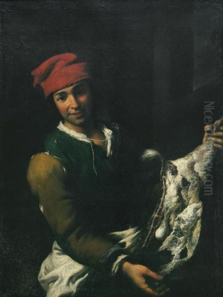 A Young Butcher, Standing In An Interior, Holding A Goat's Leg Oil Painting by Antonio Amorosi