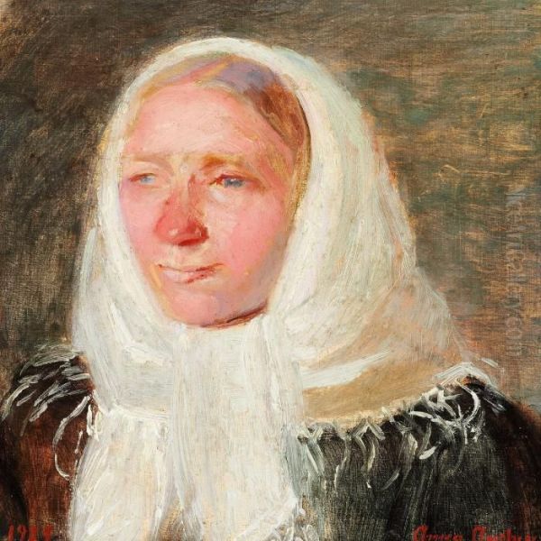 Portrait Of Charlotte Moller With A White Headscarf Oil Painting by Anna Ancher