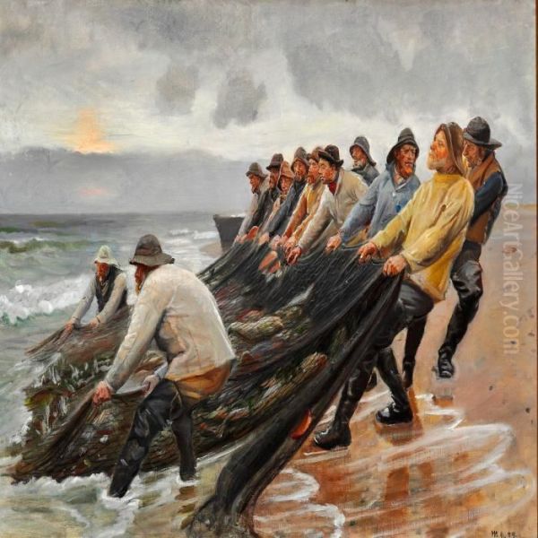 View Of Skagen Beach With Fishermen Hauling In The Fishing-nets Oil Painting by Michael Ancher