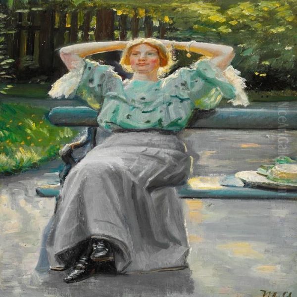 Helga Ancher On A Bench In The Garden On A Summer Evening Oil Painting by Michael Ancher