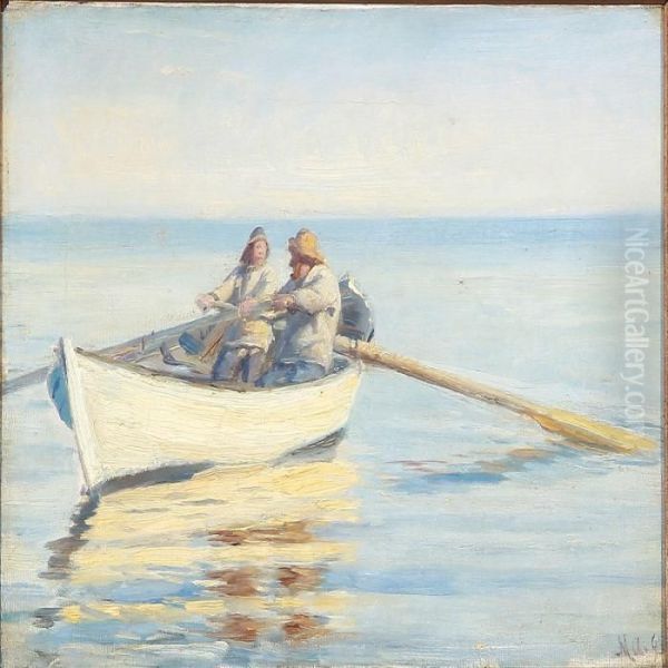 Two Fishermen In A Rowboat Oil Painting by Michael Ancher