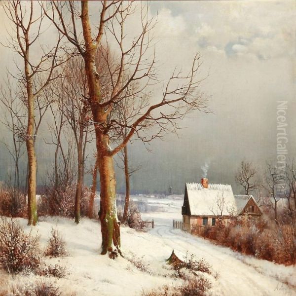 Winter Day With A Country House Oil Painting by Anders Anderson-Lundby