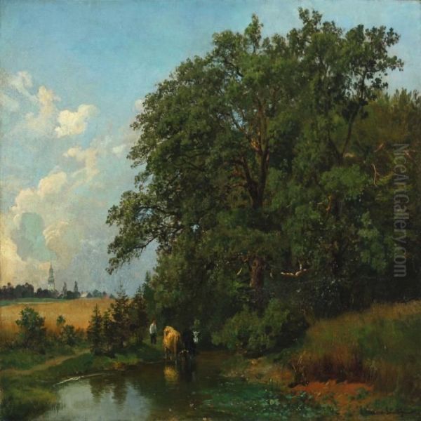 A Shepherd Watering The Cattle Oil Painting by Anders Anderson-Lundby