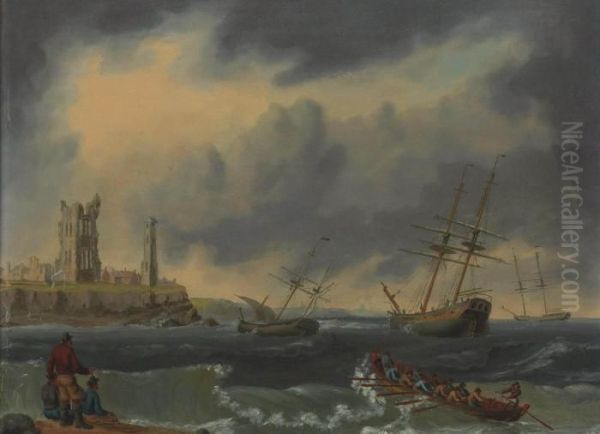 Shipping At Anchor Riding Out A Gale Off The Mouth Of The Tyne Oil Painting by William Anderson