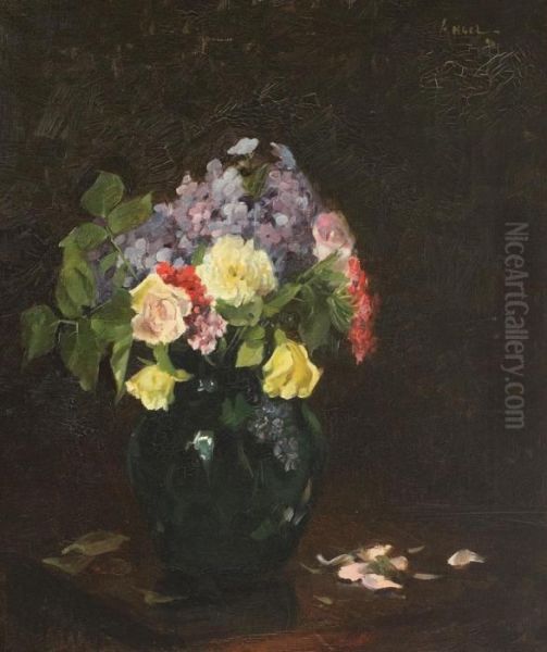 Vas Cu Trandafiri Si Flori De Nu-ma-uita Oil Painting by Nicolae Angelescu