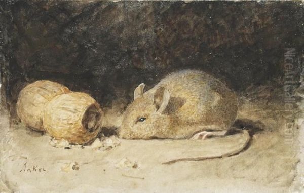 A Mouse With A Peanut Oil Painting by Albert Anker