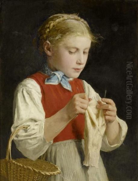 Strickendes Madchen Oil Painting by Albert Anker