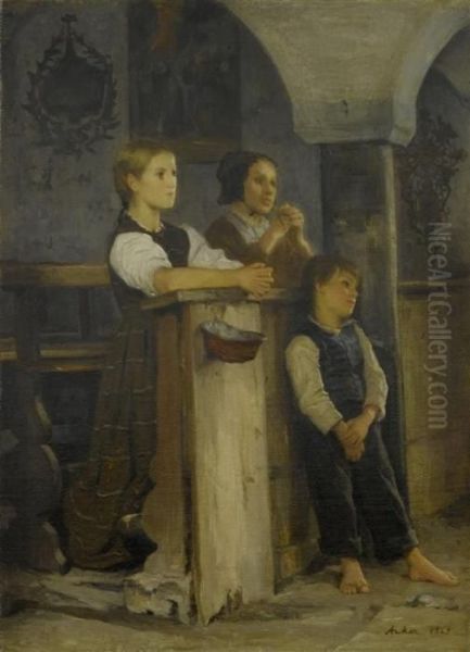 Betende Im Beinhaus Von Stans Oil Painting by Albert Anker