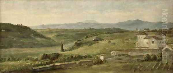 Panoramic Landscape With A Farmhouse Oil Painting by George Frederick Watts