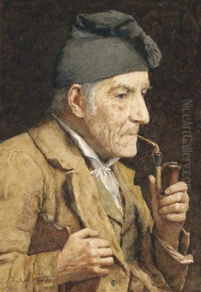 Old Man Smoking His Pipe Oil Painting by Albert Anker