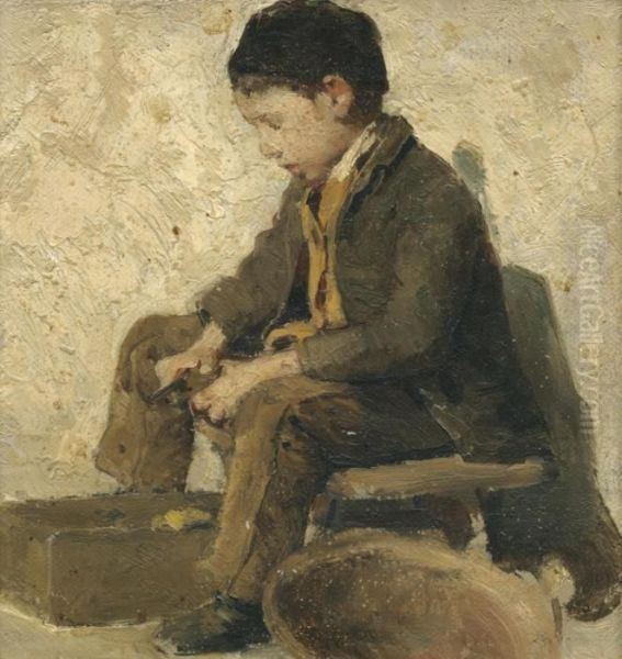 Sitzender Knabe, Gemuse Rustend Oil Painting by Albert Anker