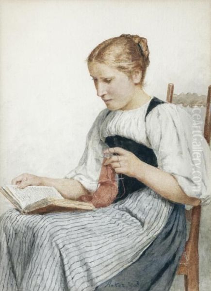 Knitting Girl Reading Oil Painting by Albert Anker