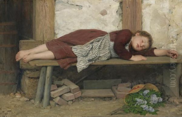 Sleeping Girl On A Wooden Bench Oil Painting by Albert Anker