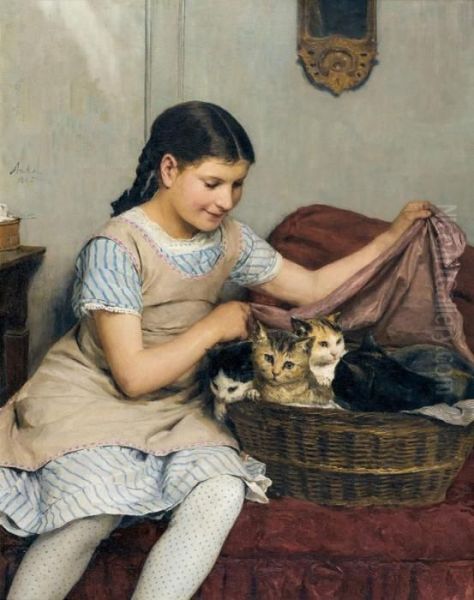 Madchen Mit Katzen Oil Painting by Albert Anker