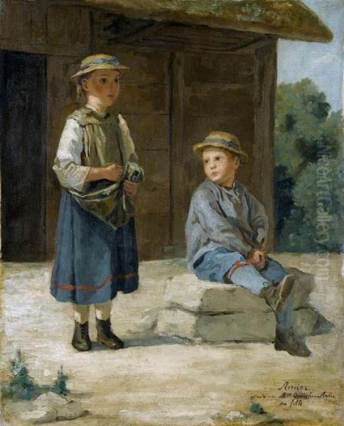 Zwei Kinder Vor Einer Scheune Oil Painting by Albert Anker