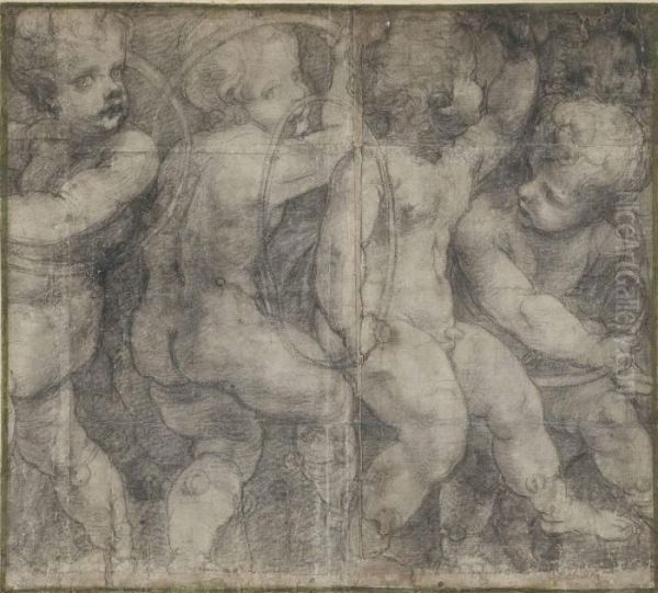 Putti Dancing With Hoops Oil Painting by Michelangelo Anselmi