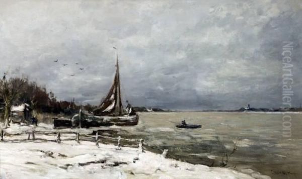 Winters Rivierlandschap Oil Painting by Louis Apol