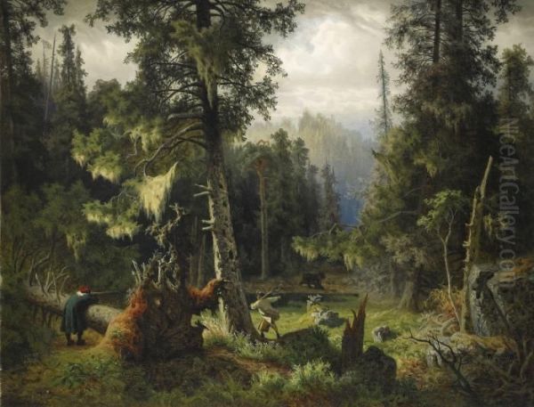 Bjornjakt I Dalarna Oil Painting by Olof Arborelius