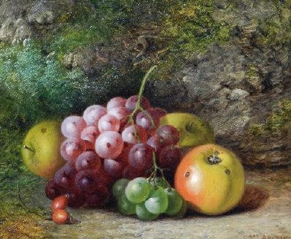 A Still Life With Grapes And Apples On A Mossy Bank Oil Painting by Charles Archer