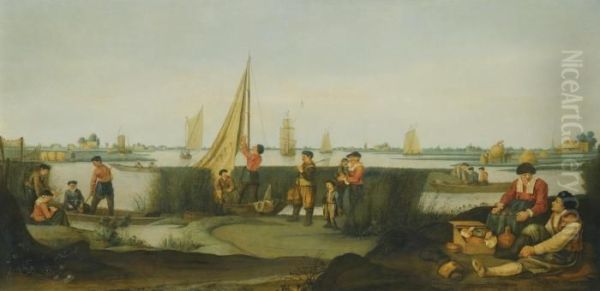 Fishermen On The Banks Of A River Estuary Oil Painting by Arentsz van der Cabel