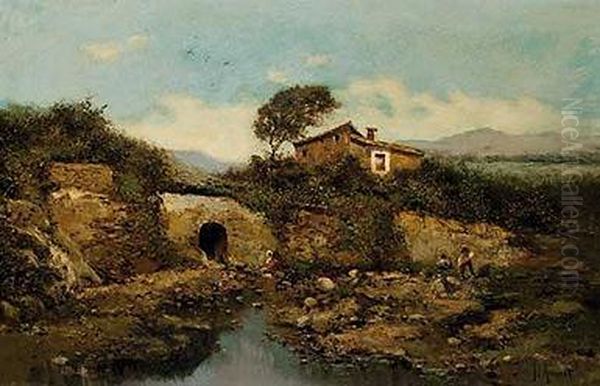 Paisaje Con Figuras Oil Painting by Jose Armet Y Portanell