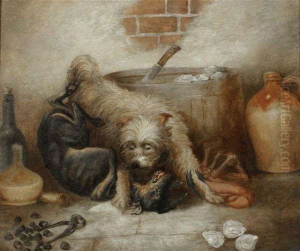 Dogs Fighting Beside Jugs Oil Painting by George Armfield