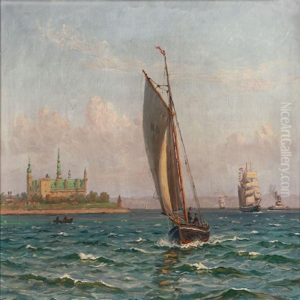 Sailing Ships Near Kronborg Castle Oil Painting by Vilhelm Karl Ferd. Arnesen