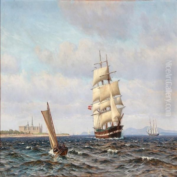 Summer Day With Sailing Ship Off The Coast Of Kronborg Oil Painting by Vilhelm Karl Ferd. Arnesen