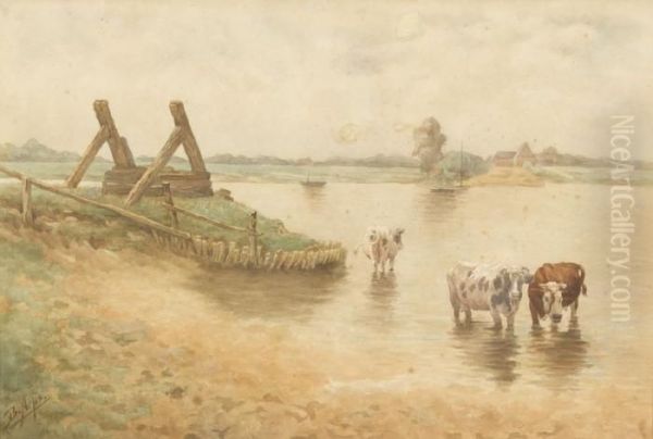 Sommerliches Flussufer Mit Kuhen Oil Painting by Bernardus Arps