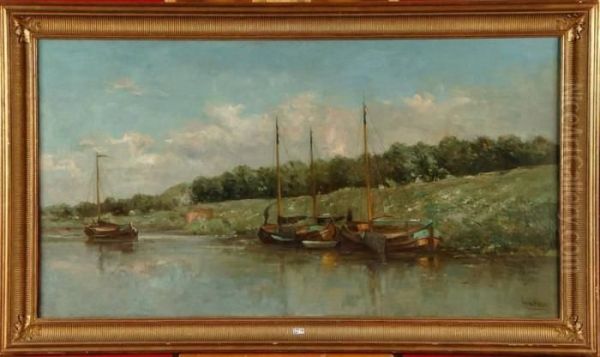 Bateaux De Peche Sur Le Canal Oil Painting by Louis Artan De Saint-Martin