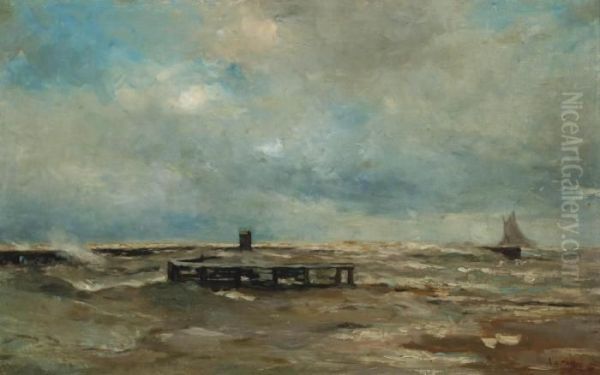 The Harbour Defences In Choppy Waters Oil Painting by Louis Artan De Saint-Martin