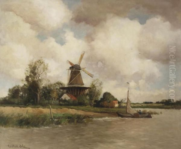 A Windmill Along A River Oil Painting by David Adolf Constant Artz