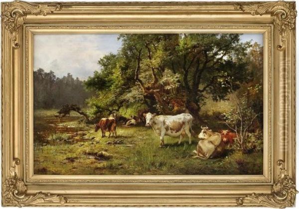 Cattle At The Watering Place Oil Painting by Anders Monsen Askevold