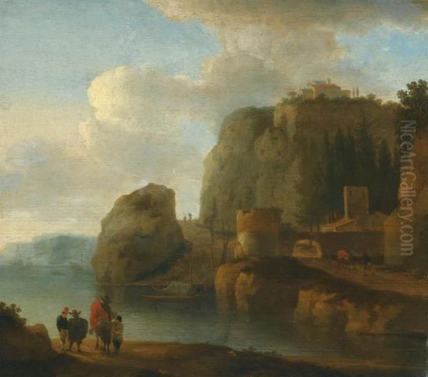 A Rocky River Landscape With Travellers In The Foreground And Ships Beyond Oil Painting by Jan Asselyn