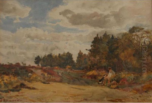 Man With A Dog, Bucklebury Common, Berkshire Oil Painting by James Aumonier