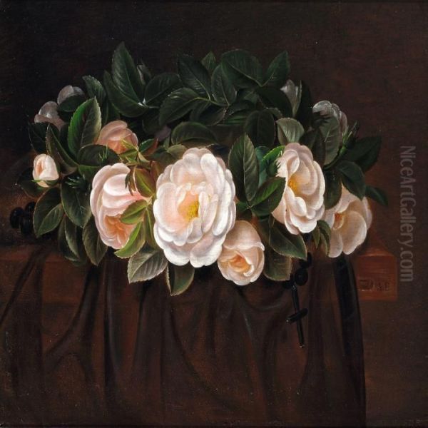 A Wreath Of White Roses Oil Painting by Alfrida V. Ludovica Baadsgaard