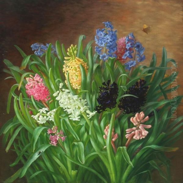 Still Life With Hyacinths And Butterfly Oil Painting by Alfrida V. Ludovica Baadsgaard